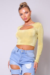 Light Yellow Long Sleeve Chain Trim Front Cutout Top