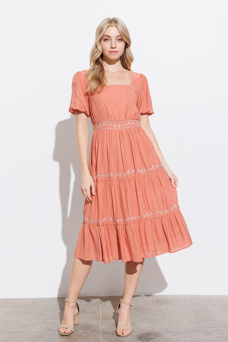 Terracotta Square Neck Tiered Midi Dress