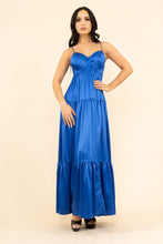 Blue Strech Satin Solid Back Open Long Dress