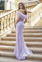 Light Purple Feather Neckline Off The Shoulder And High Slit Dress