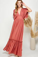 Copper Ruched Tiered V Neck Lurex Insert Maxi Dress