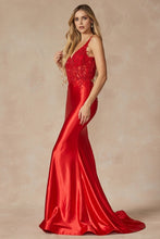 Red Embroidered Bodice Plunging Neck Prom Dress