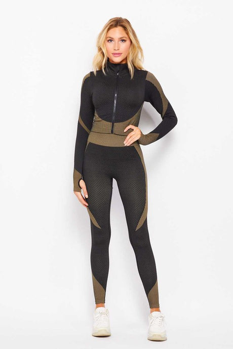 Khaki Honey Comb Active Cropped Jacket Leggings Set