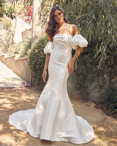 White Puff Sleeve Wrapped Mermaid Wedding Dress