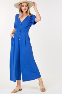Blue Short Sleeve Button Up Jumper In Rayon Span