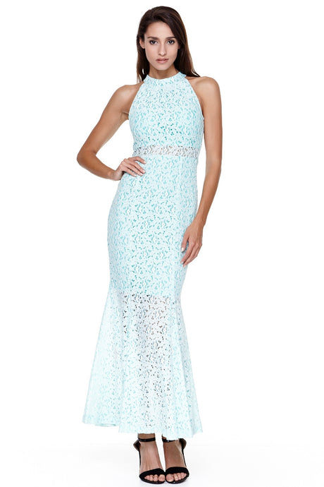 White on Light Blue Full Lace Long Dress
