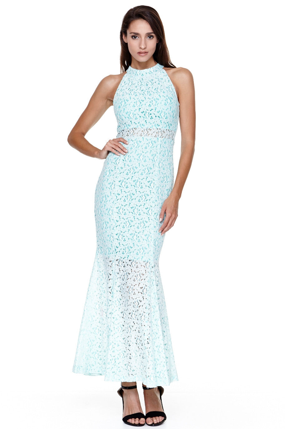 White on Light Blue Full Lace Long Dress