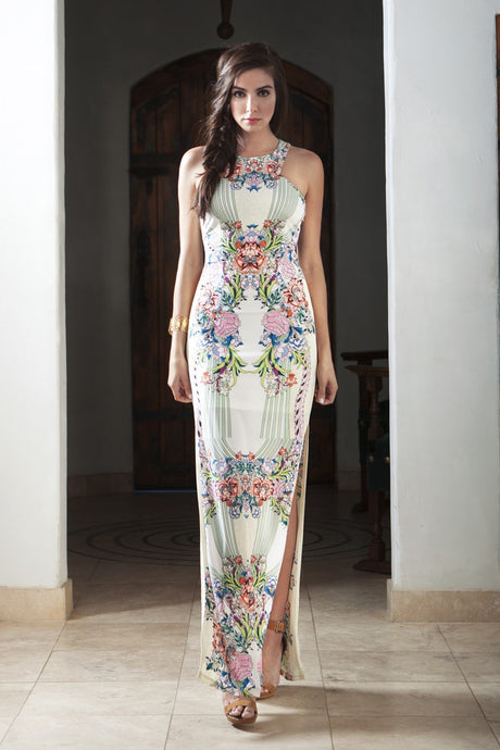 Symmetrical Flower Printed Long Dress