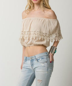 Crinkle Off Shoulder Crop Top with Lace