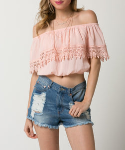 Crinkle Off Shoulder Crop Top with Lace